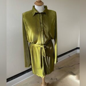 Lyaner Olive Green Pleated Shirt Dress | Belted | Elevated Minimalist | XL